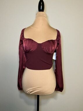 Rabbit Rose Burgundy Satin Bustier Long Sleeve Crop Top